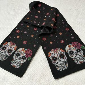 Sugar Skull Table Runner Black Flowers Dia de Los Muertos 70” X 13” Canvas